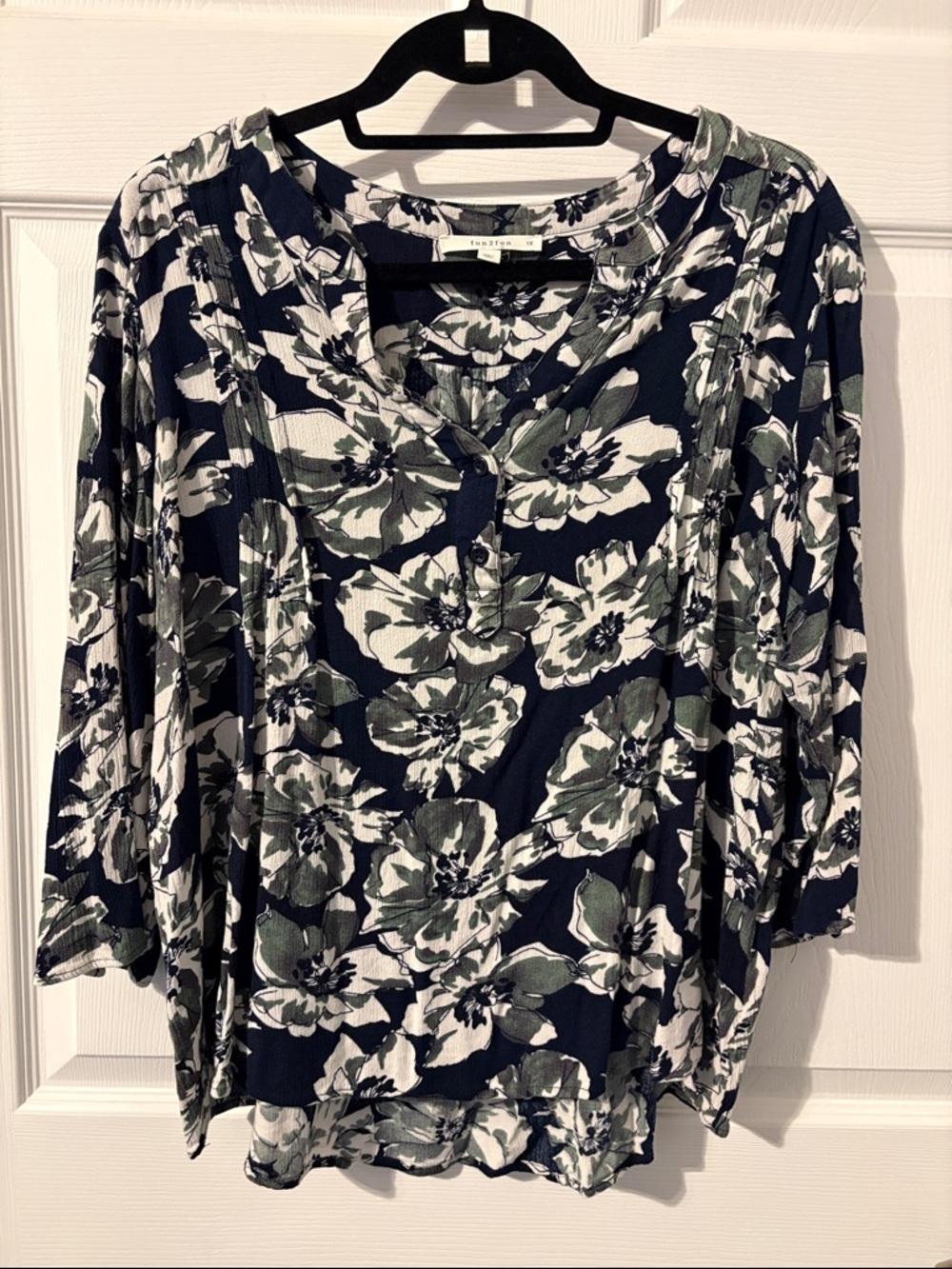 Fun 2 Fun Navy Floral Henley Top with White and Olive Flowers